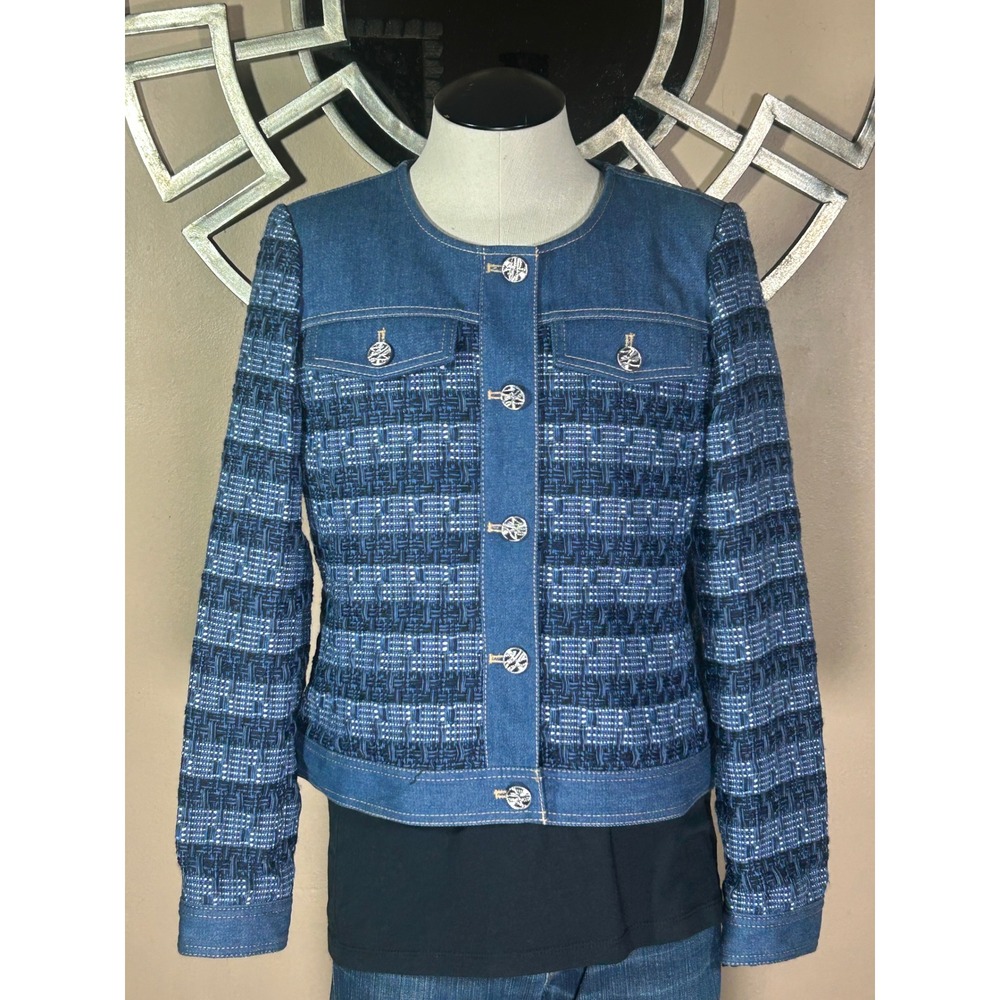Karl Lagerfeld Paris Blue Denim Tweed Jacket Silver Button Collarless L5KJ2A17 S